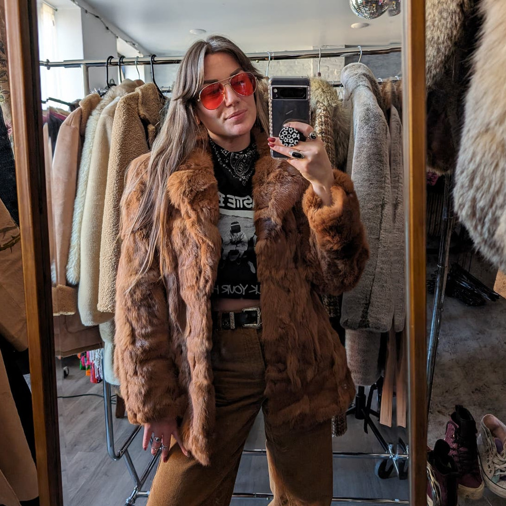 Vintage Mob Wife Rabbit Fur Coat Rusty Red Brown Penny Lane Shaggy Furry Jacket - Picture 6 of 11